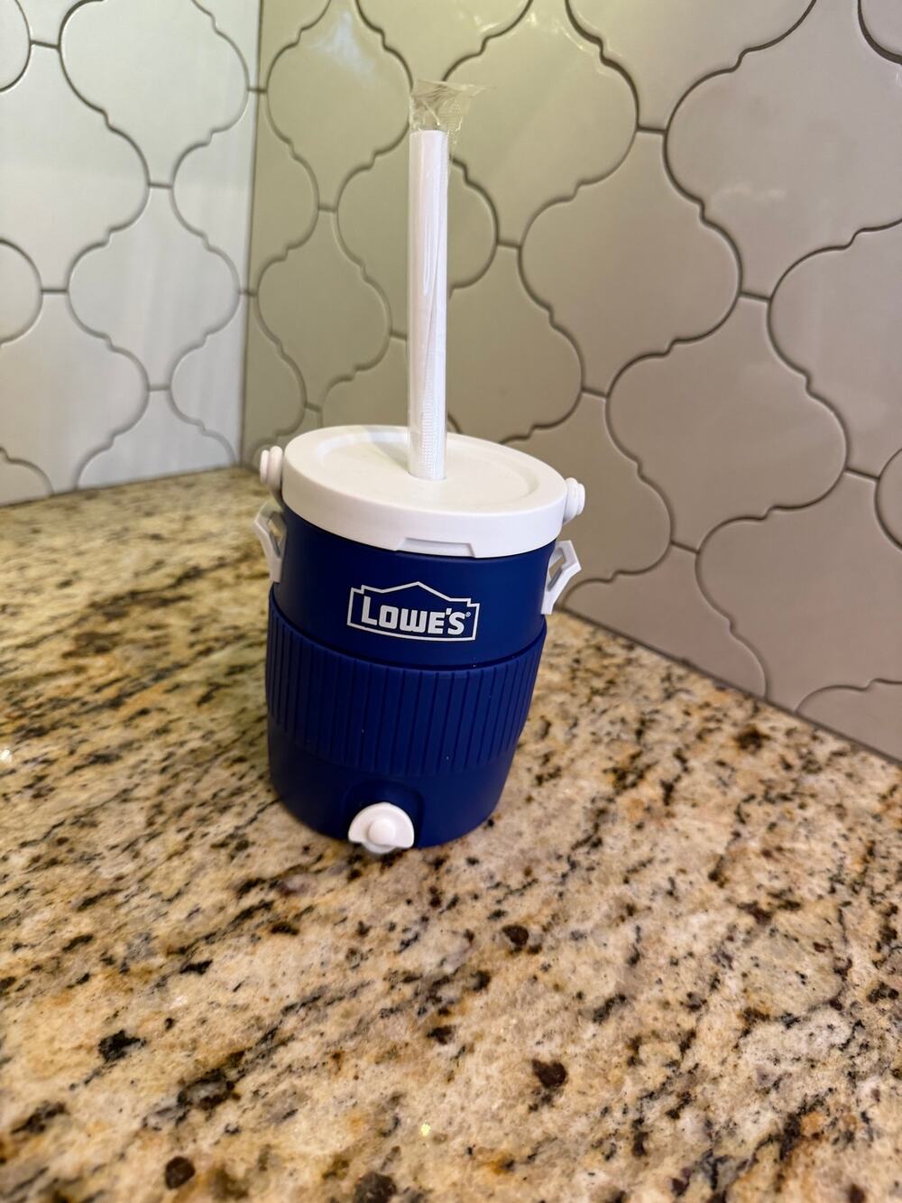 Lowe’s Mini Water Cooler Drink Dispenser Tumbler w Straw Blue White NWOT